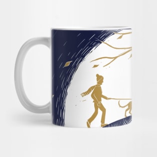 Whippet Dog Walker Sunset Linocut in deep blue and gold Mug